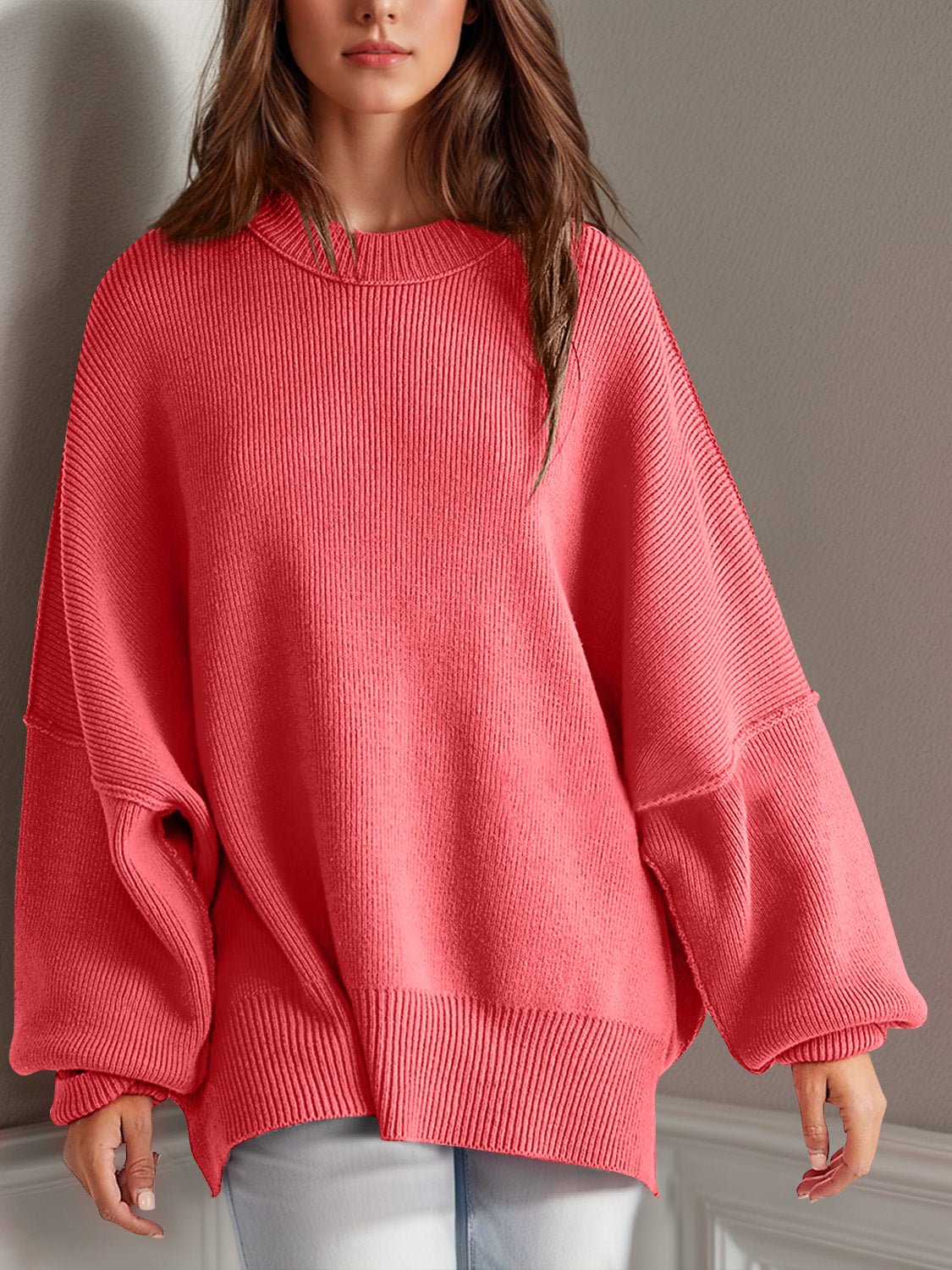 Double Take Side Slit Round Neck Long Sleeve Sweater - Blossoms&Moss