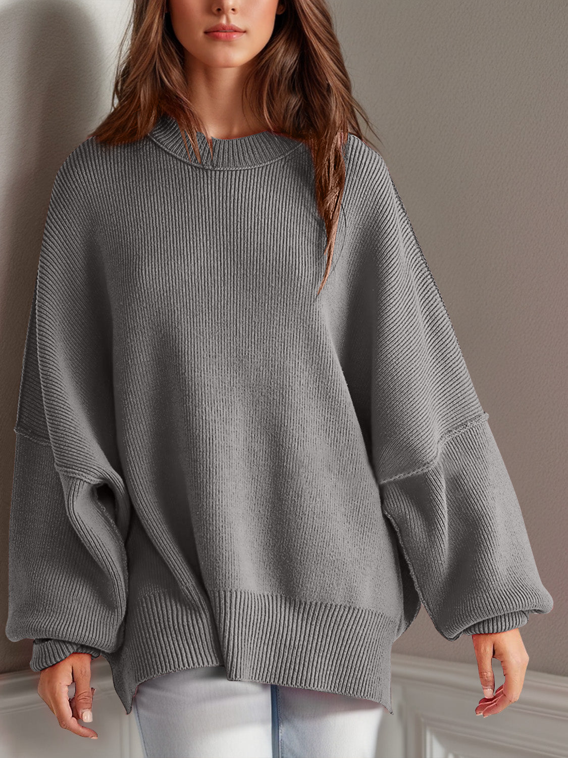 Double Take Side Slit Round Neck Long Sleeve Sweater - Blossoms&Moss