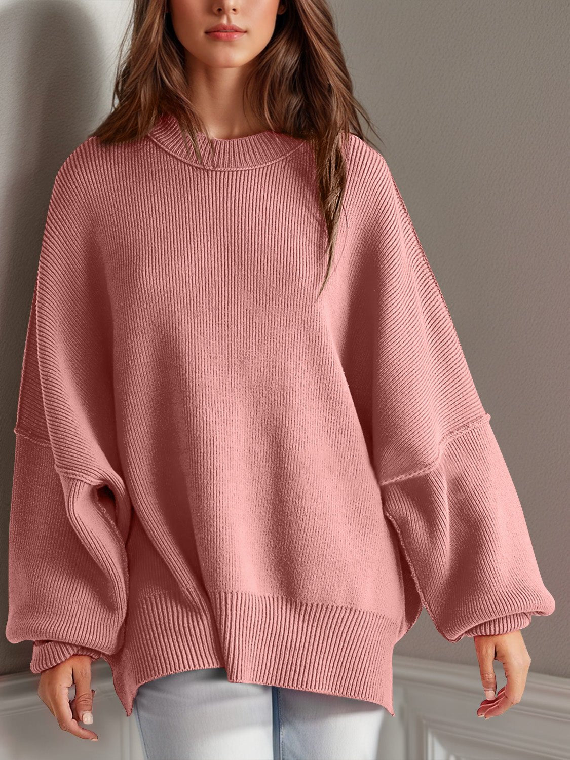 Double Take Side Slit Round Neck Long Sleeve Sweater - Blossoms&Moss