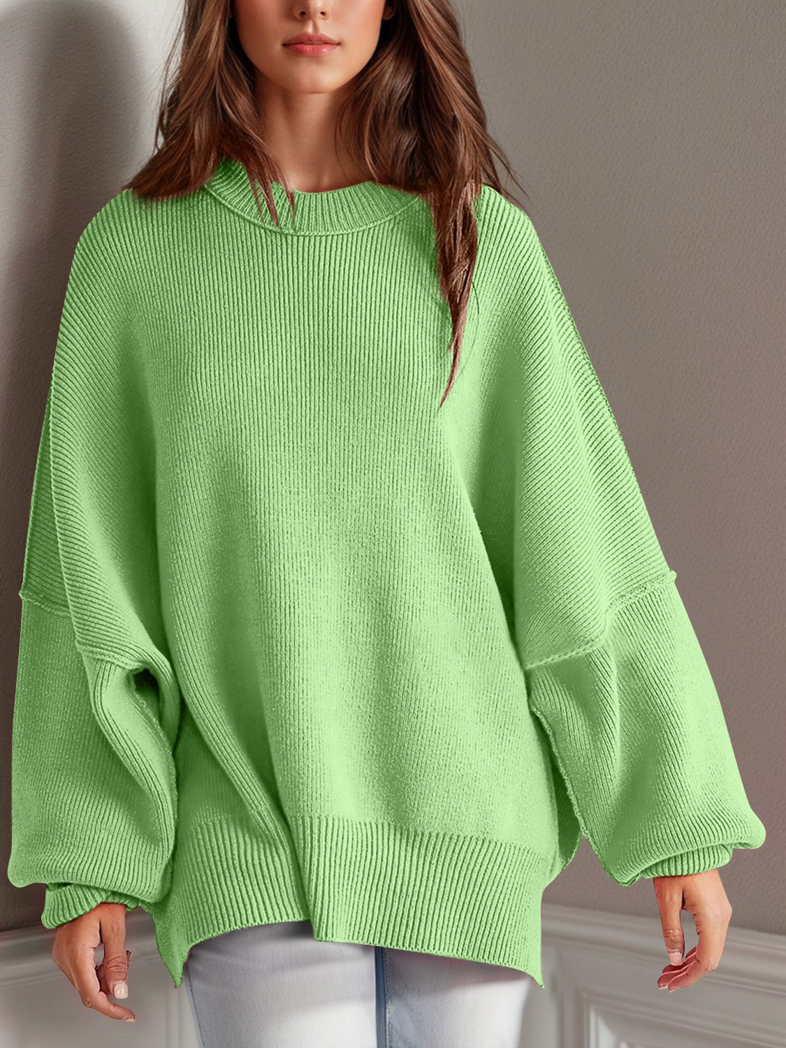 Double Take Side Slit Round Neck Long Sleeve Sweater - Blossoms&Moss