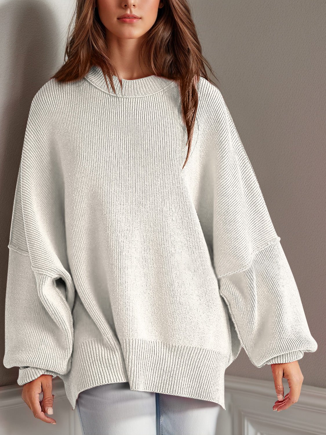 Double Take Side Slit Round Neck Long Sleeve Sweater - Blossoms&Moss