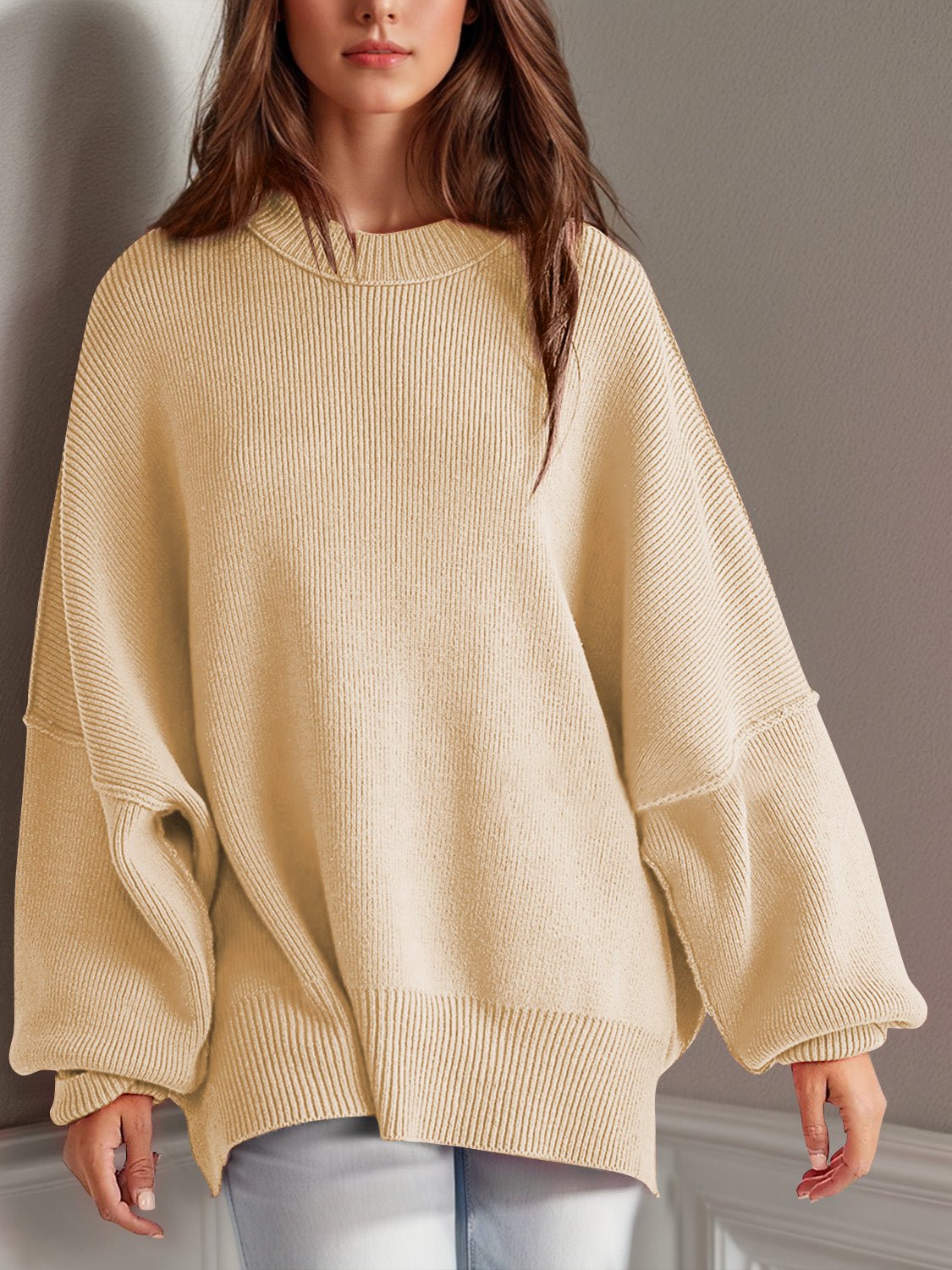 Double Take Side Slit Round Neck Long Sleeve Sweater - Blossoms&Moss