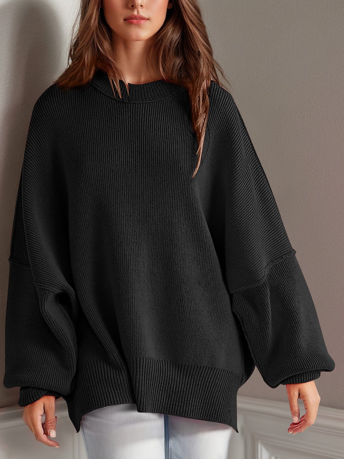 Double Take Side Slit Round Neck Long Sleeve Sweater - Blossoms&Moss