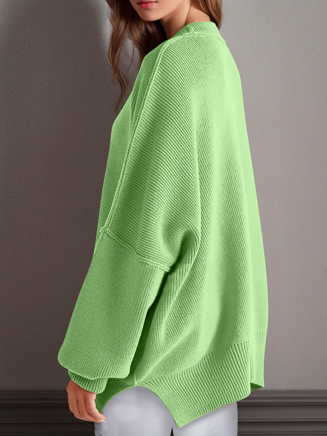 Double Take Side Slit Round Neck Long Sleeve Sweater - Blossoms&Moss