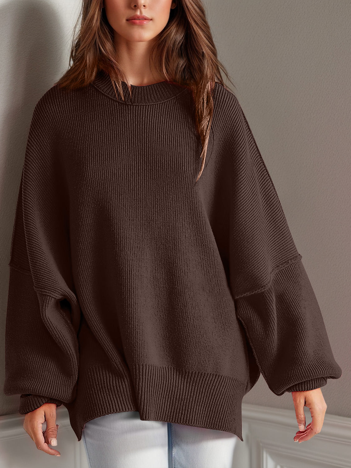 Double Take Side Slit Round Neck Long Sleeve Sweater - Blossoms&Moss