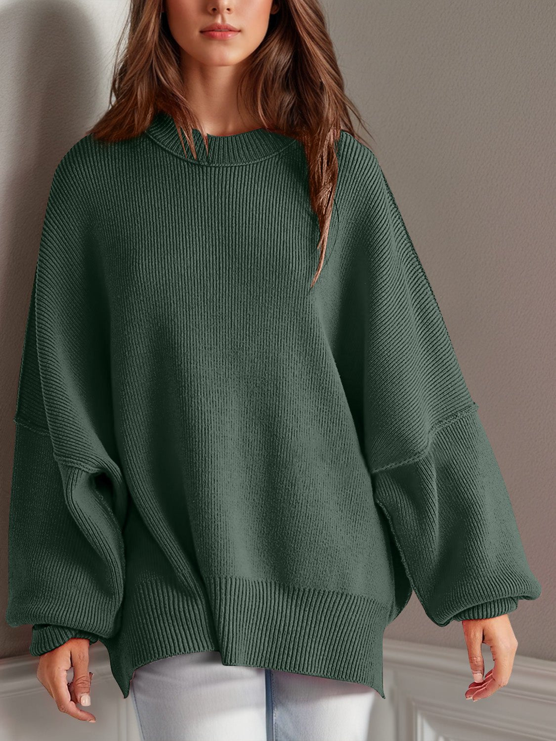 Double Take Side Slit Round Neck Long Sleeve Sweater - Blossoms&Moss