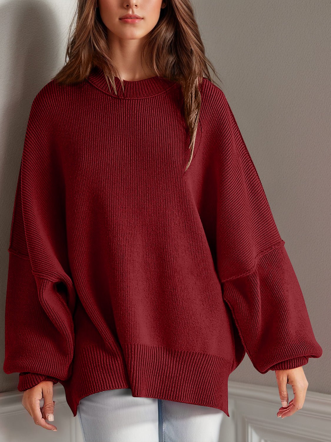 Double Take Side Slit Round Neck Long Sleeve Sweater - Blossoms&Moss