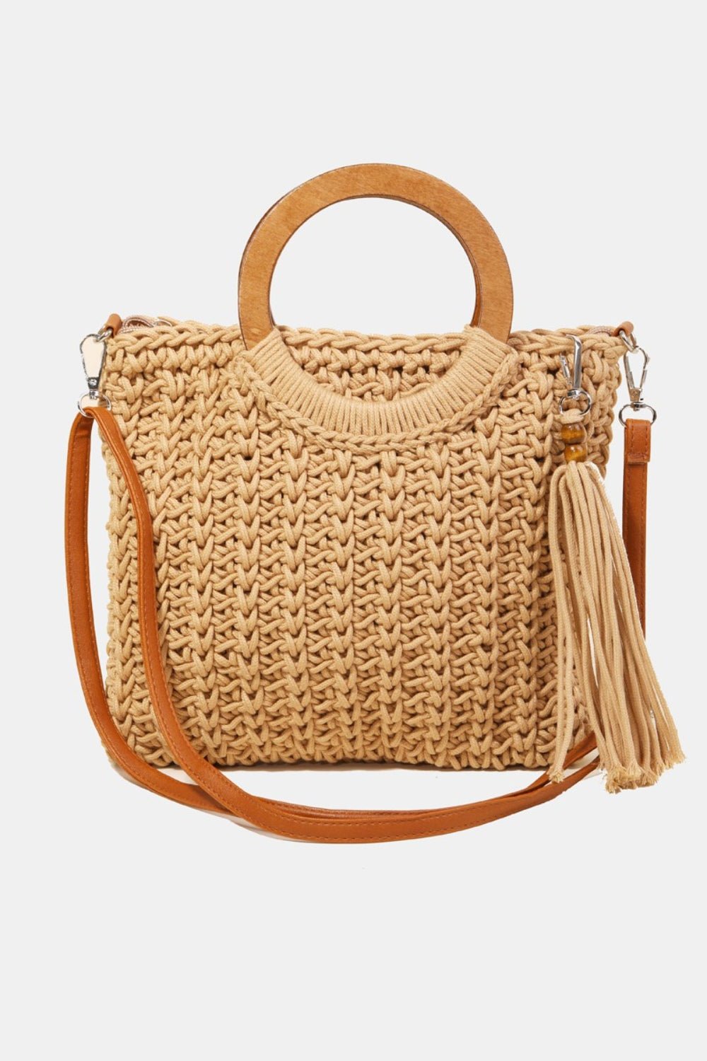 Fame Crochet Knit Convertible Tote Bag with Tassel - Blossoms&Moss