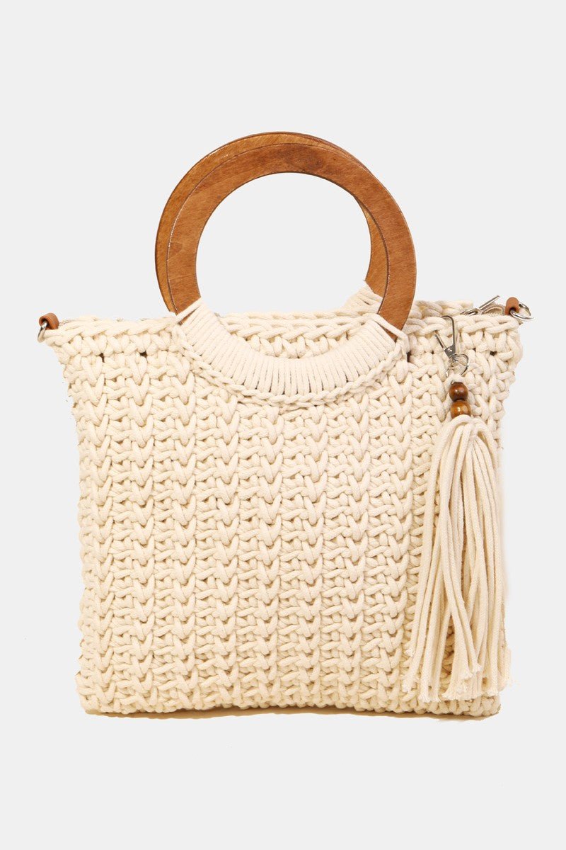 Fame Crochet Knit Convertible Tote Bag with Tassel - Blossoms&Moss