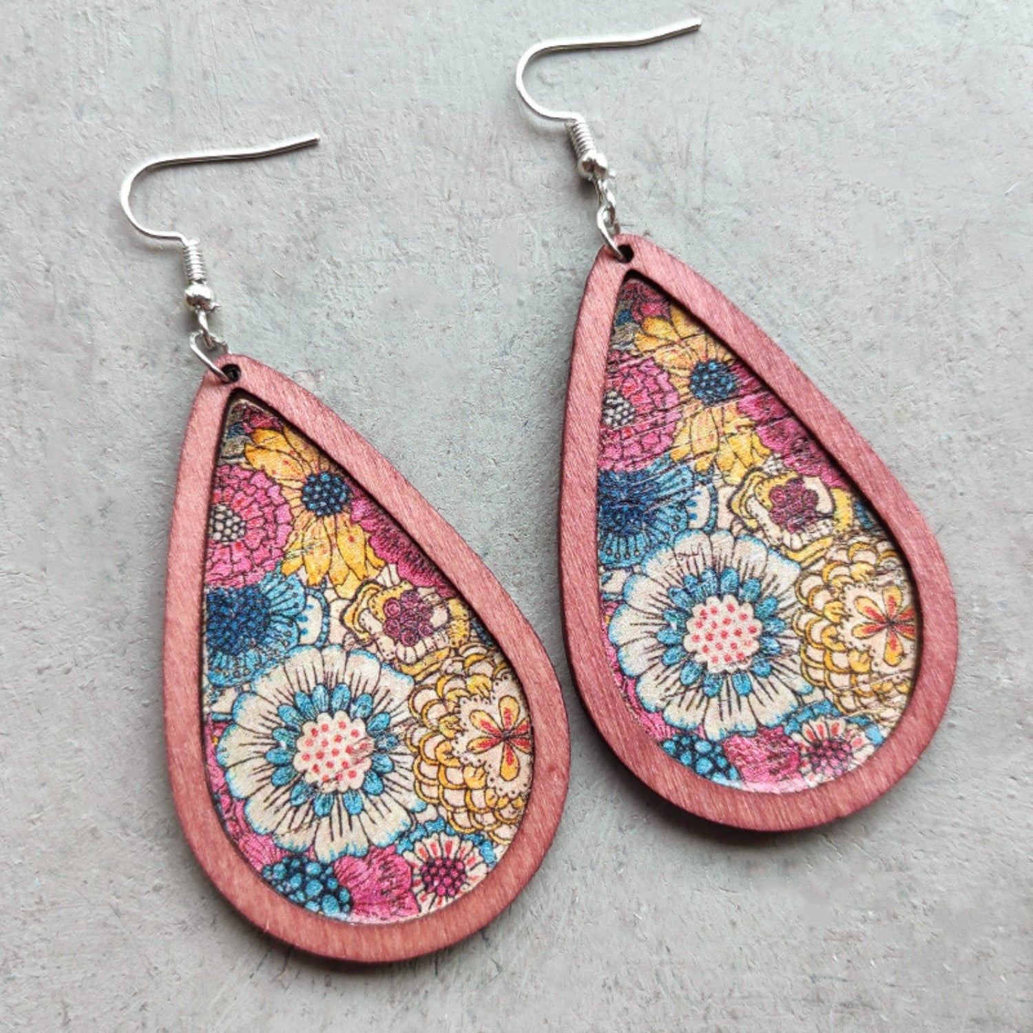 Floral Wood Teardrop Earrings - Blossoms&Moss