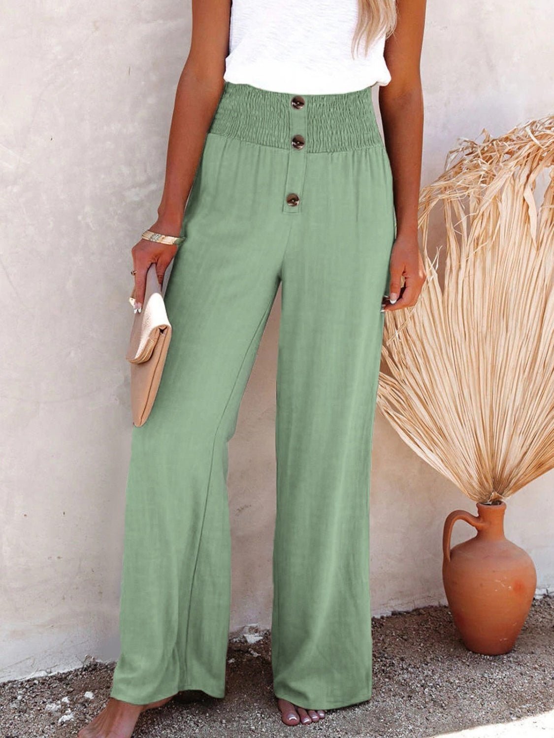 Full Size Decorative Button High Waist Pants - Blossoms&Moss