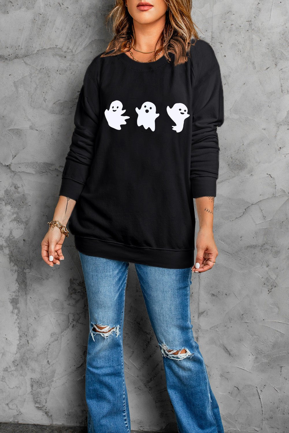 Ghost Round Neck Long Sleeve Sweatshirt - Blossoms&Moss