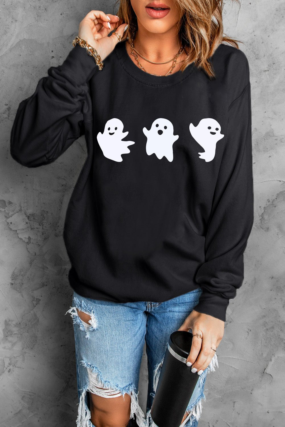 Ghost Round Neck Long Sleeve Sweatshirt - Blossoms&Moss