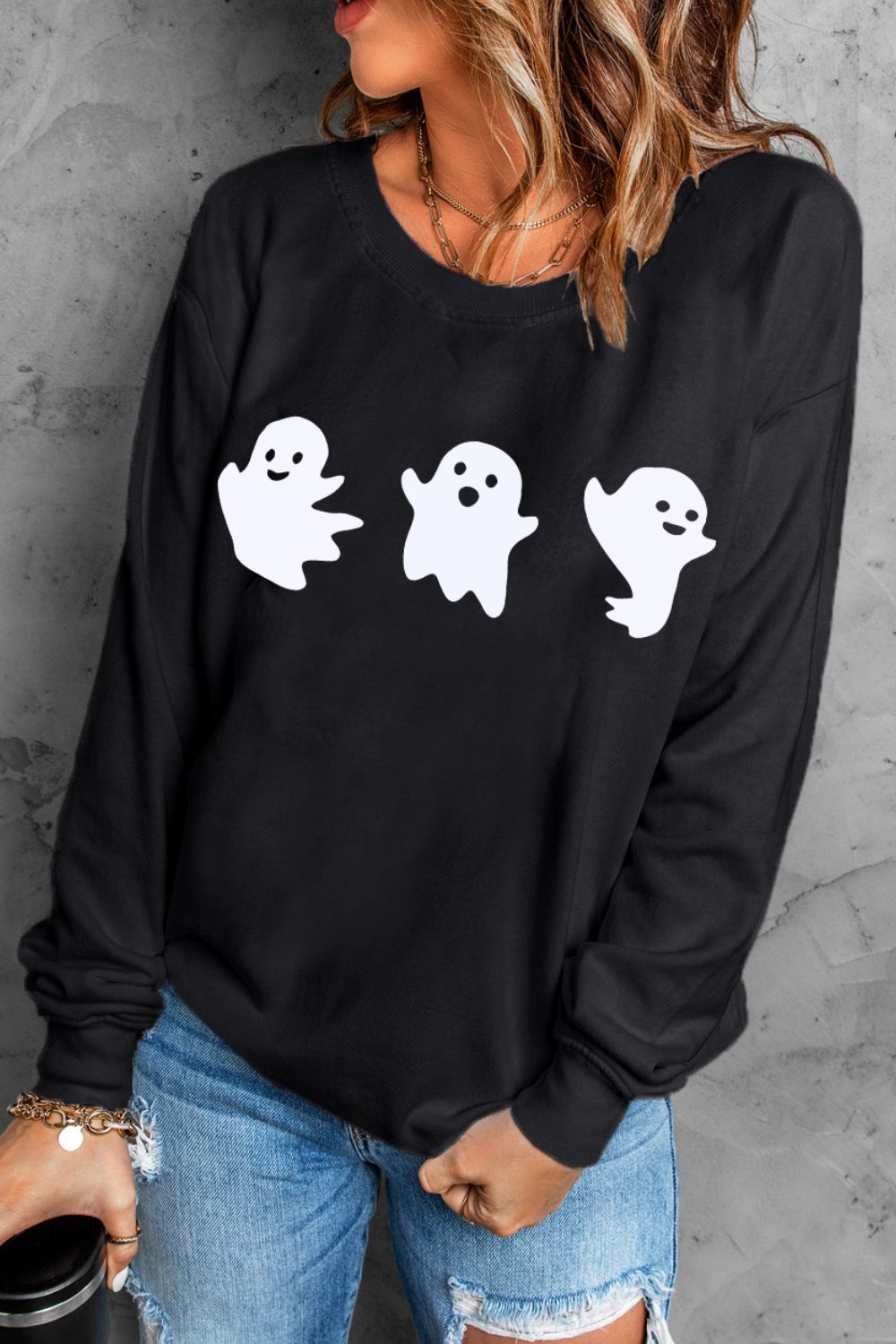 Ghost Round Neck Long Sleeve Sweatshirt - Blossoms&Moss