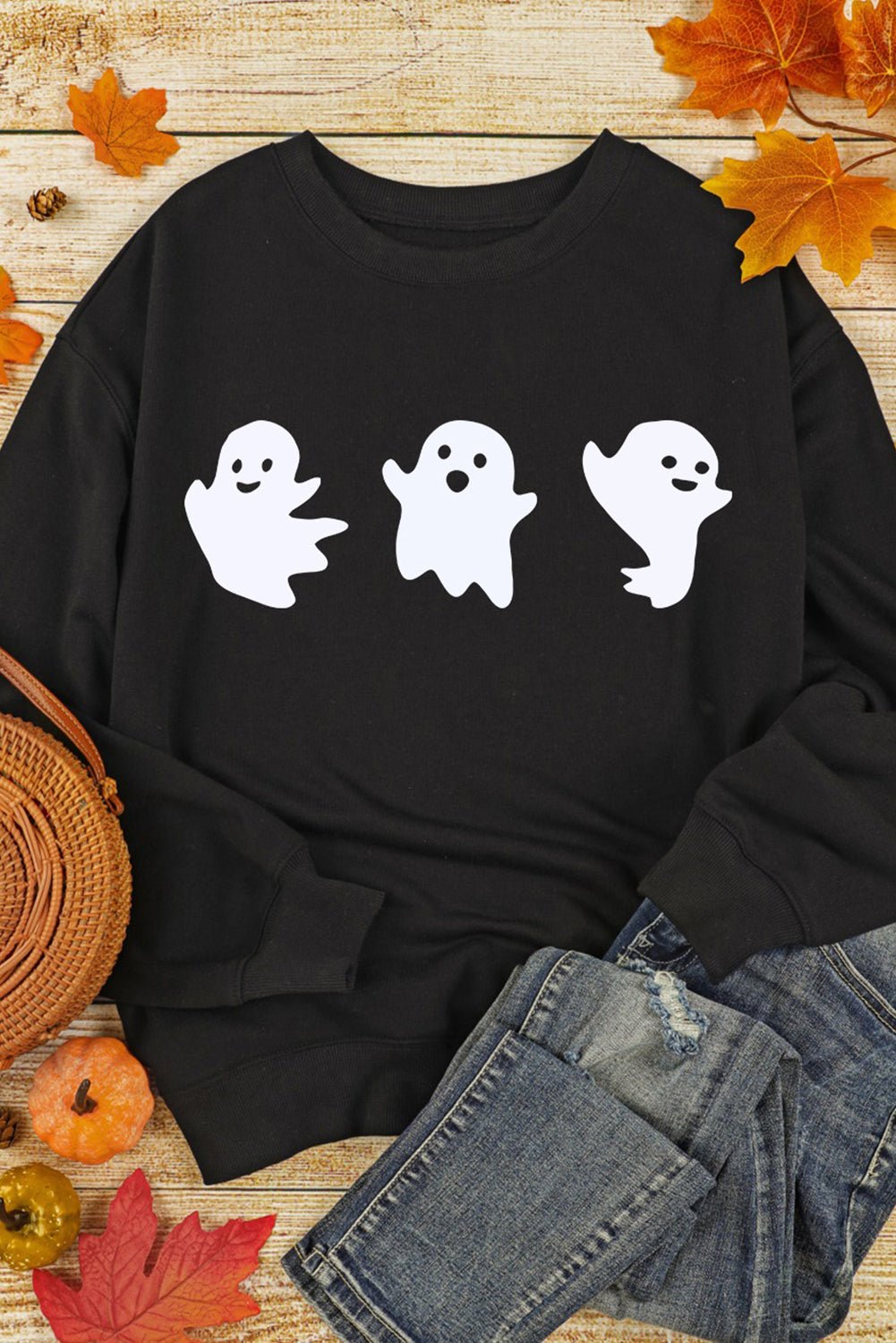 Ghost Round Neck Long Sleeve Sweatshirt - Blossoms&Moss