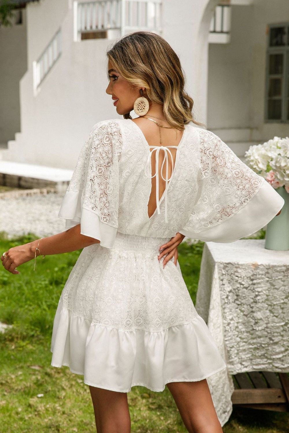 Lace Cutout Surplice Half Sleeve Dress - Blossoms&Moss