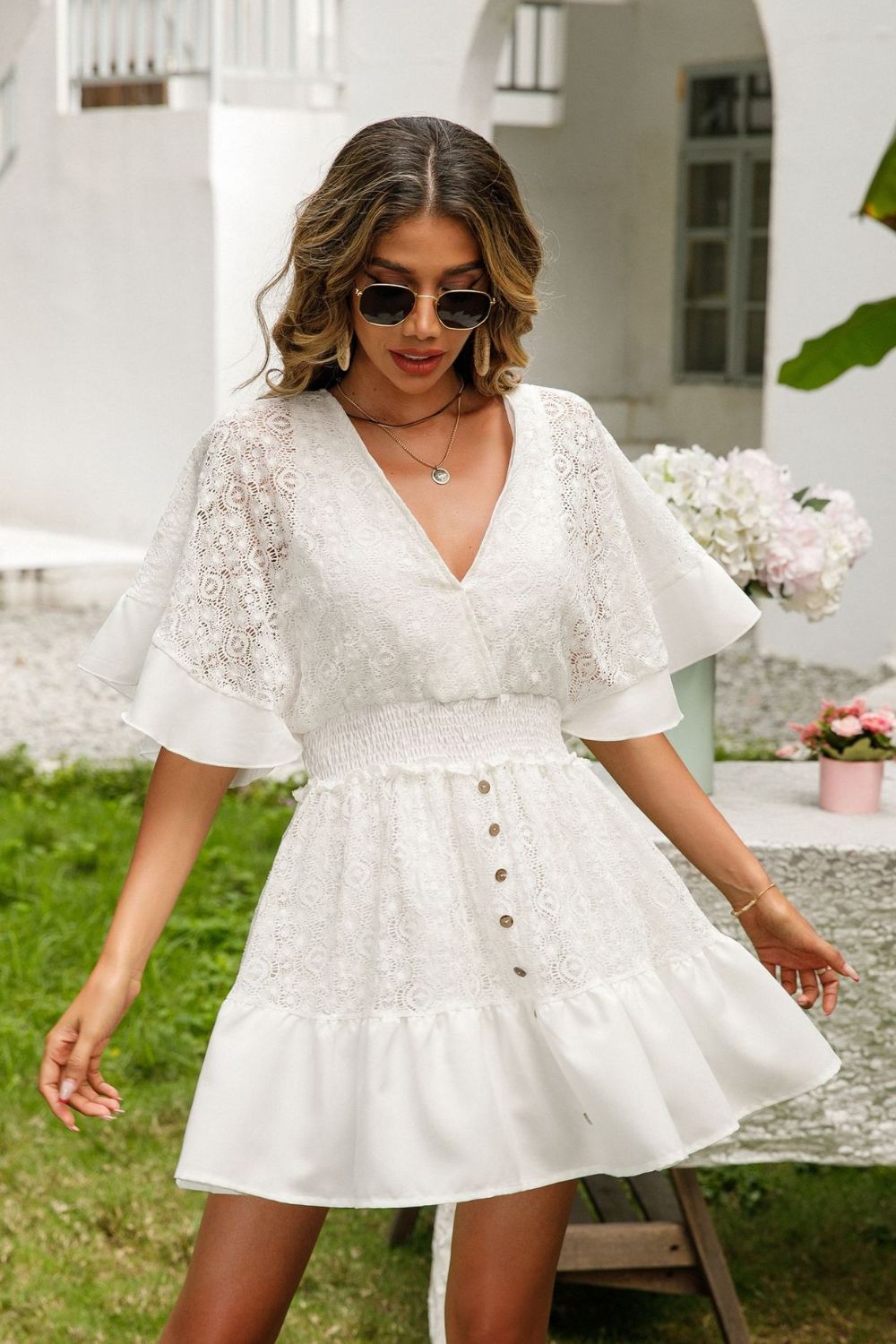 Lace Cutout Surplice Half Sleeve Dress - Blossoms&Moss