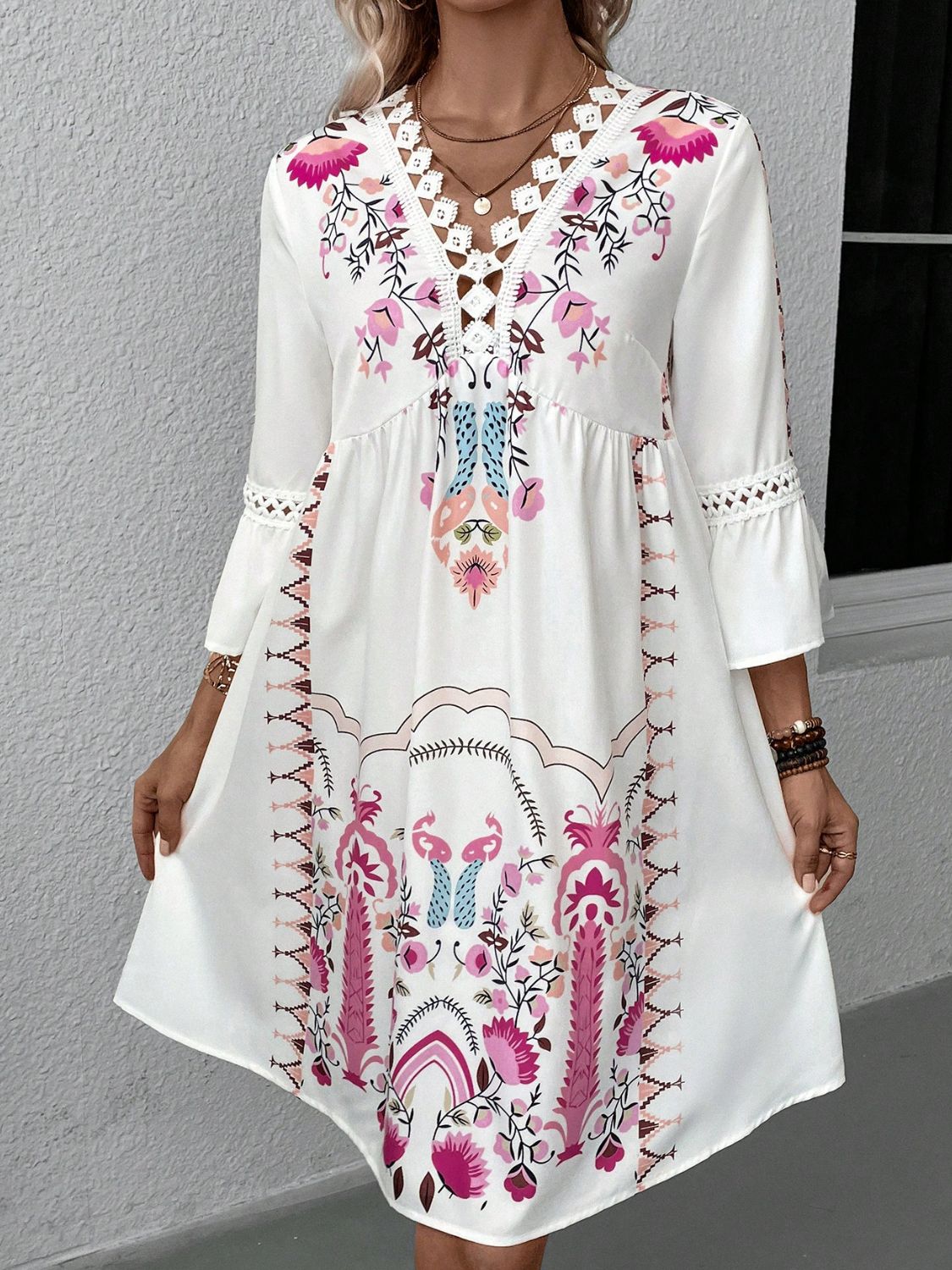 Lace Detail Printed Three - Quarter Sleeve Dress - Blossoms&Moss