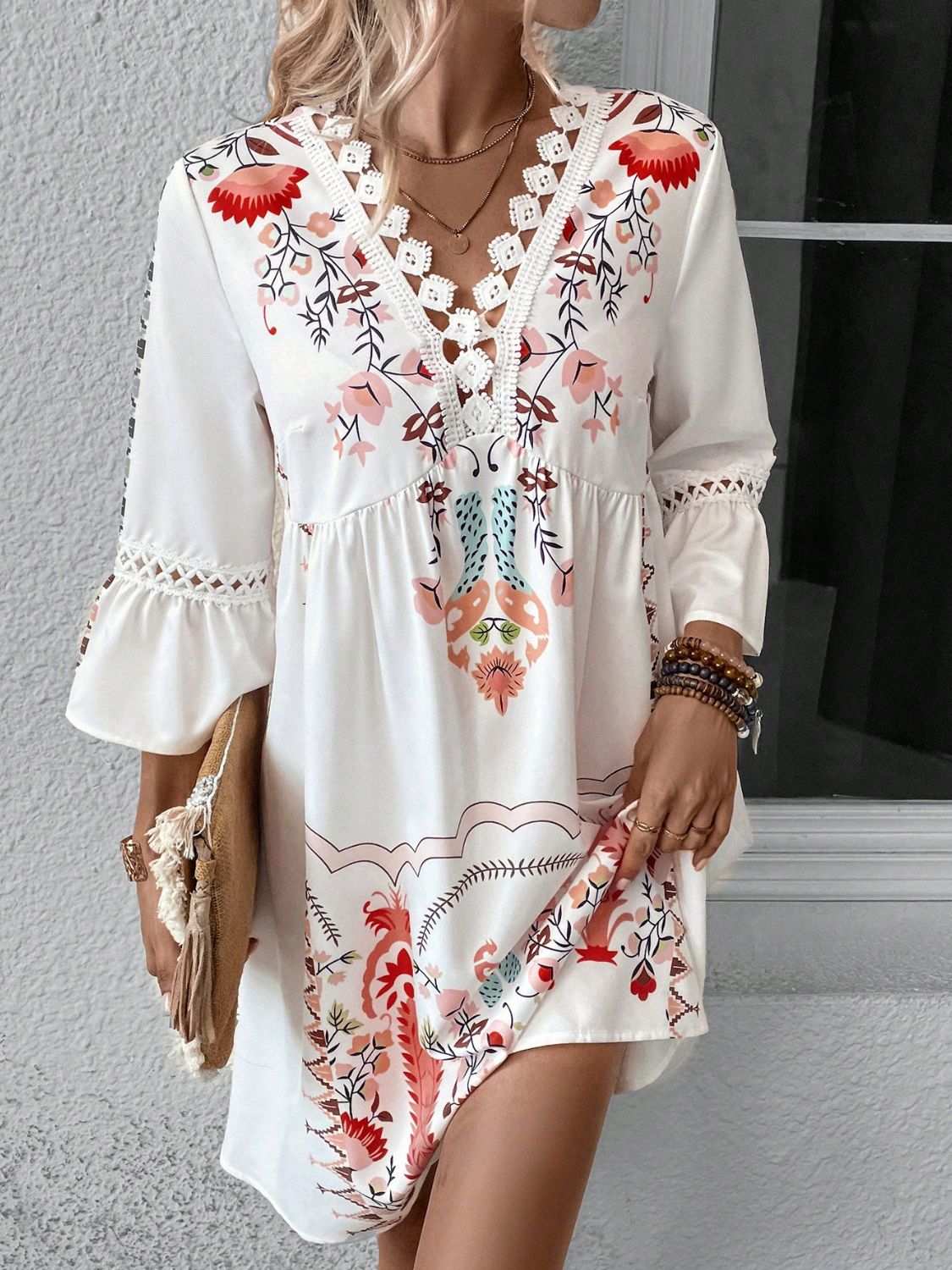 Lace Detail Printed Three - Quarter Sleeve Dress - Blossoms&Moss