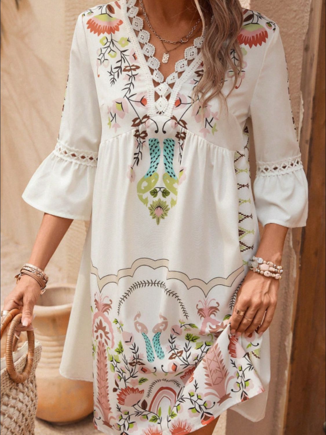 Lace Detail Printed Three - Quarter Sleeve Dress - Blossoms&Moss