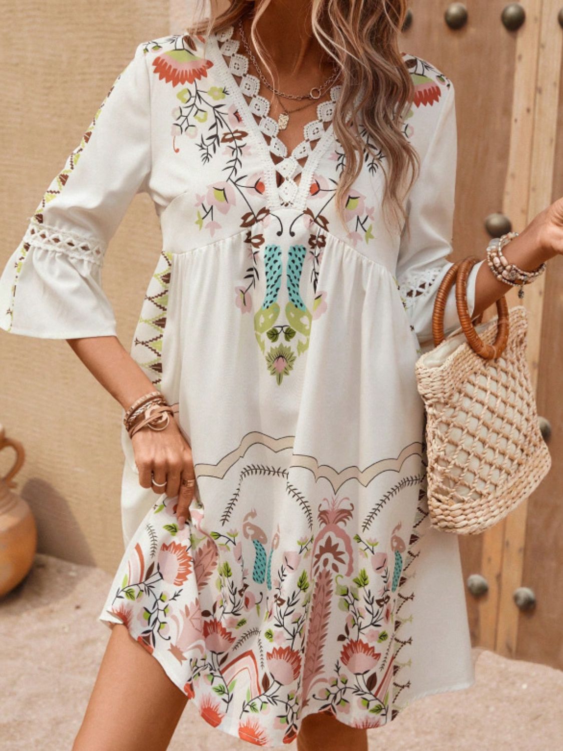 Lace Detail Printed Three - Quarter Sleeve Dress - Blossoms&Moss