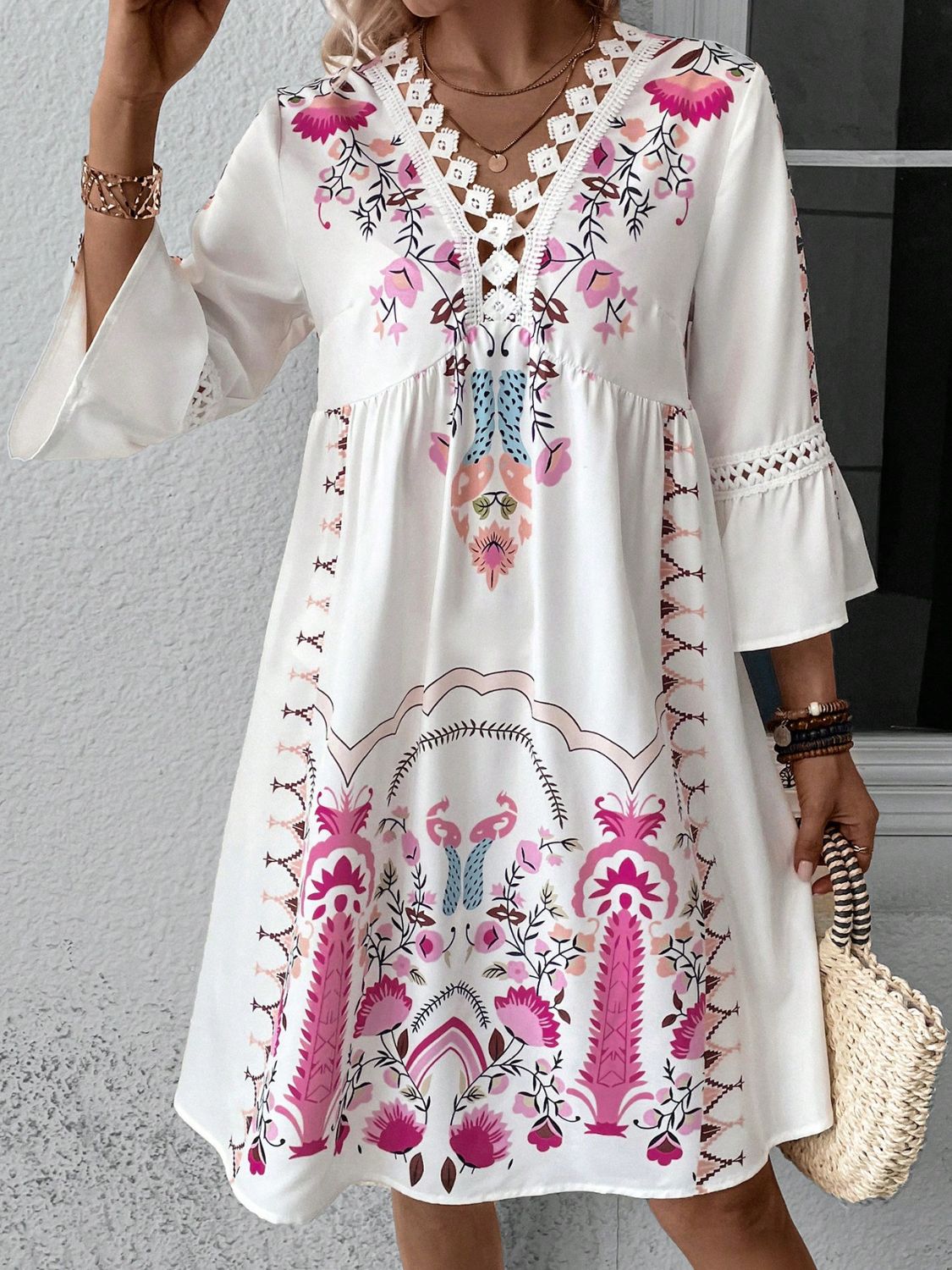 Lace Detail Printed Three - Quarter Sleeve Dress - Blossoms&Moss