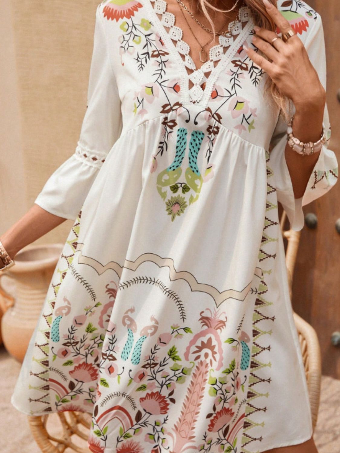 Lace Detail Printed Three - Quarter Sleeve Dress - Blossoms&Moss