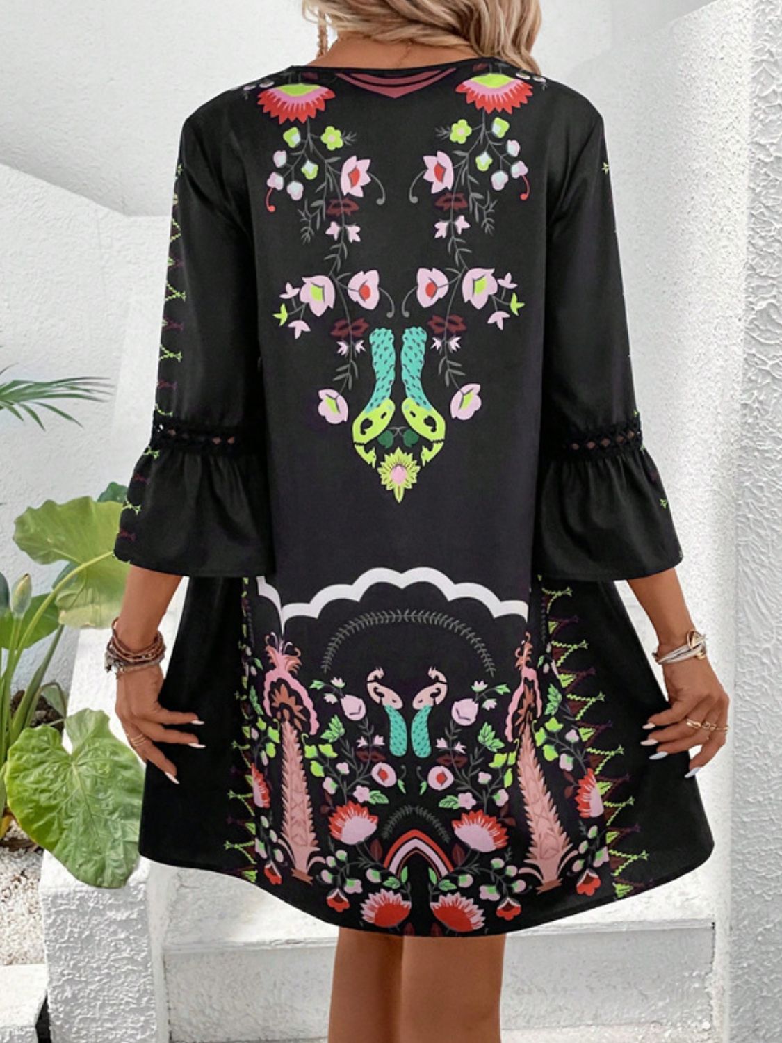 Lace Detail Printed Three - Quarter Sleeve Dress - Blossoms&Moss