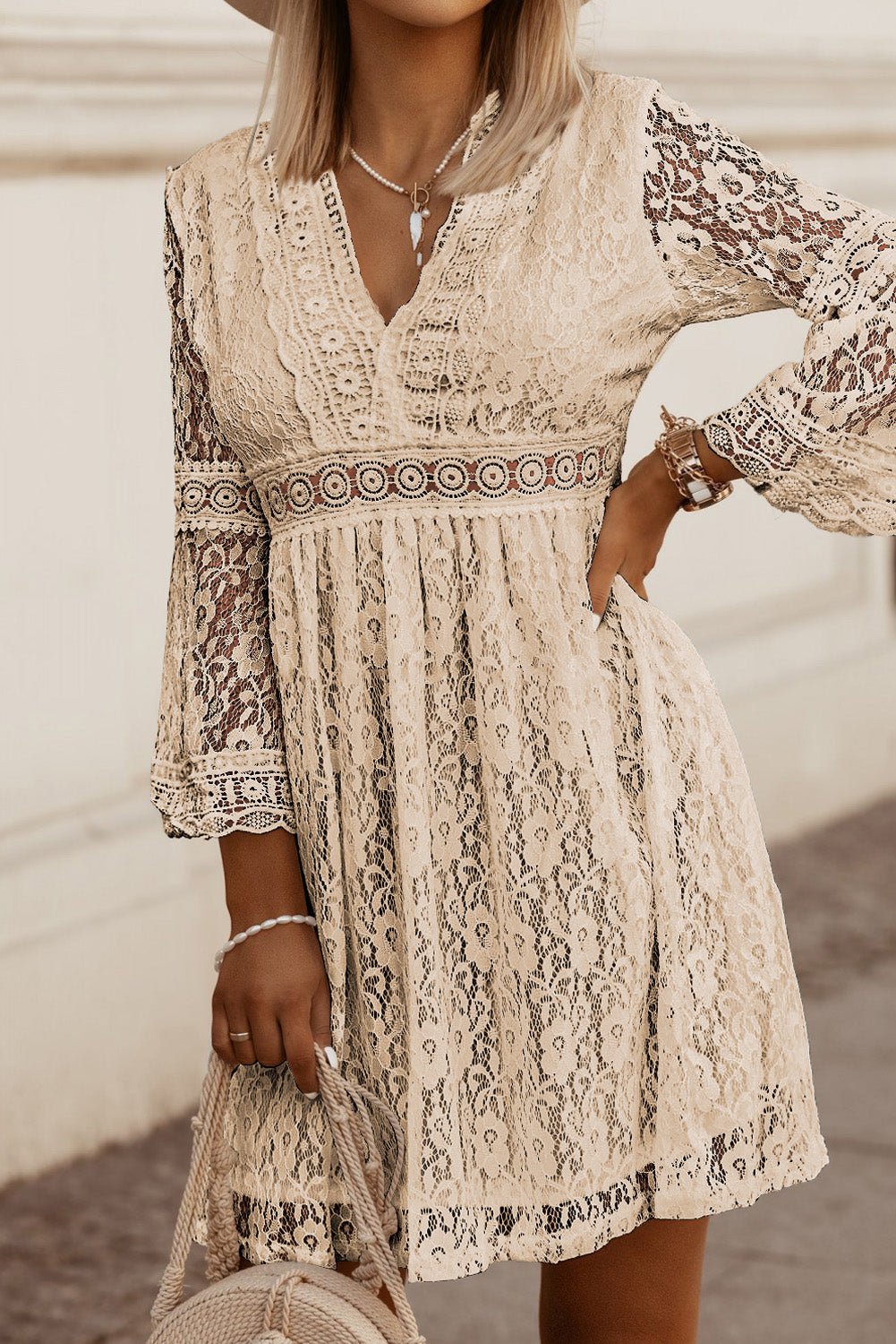 Lace V - Neck Three - Quarter Sleeve Dress - Blossoms&Moss