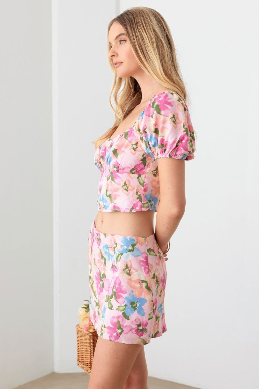 Le Lis Floral Puff Sleeve Crop Top and Mini Skirt Set - Blossoms&Moss