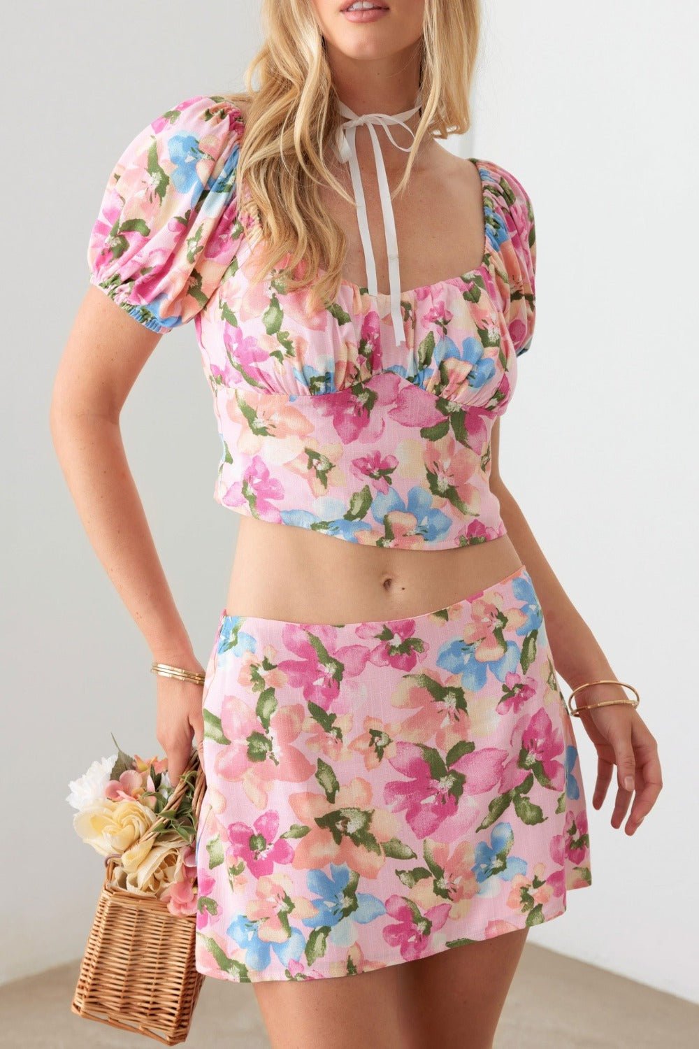 Le Lis Floral Puff Sleeve Crop Top and Mini Skirt Set - Blossoms&Moss