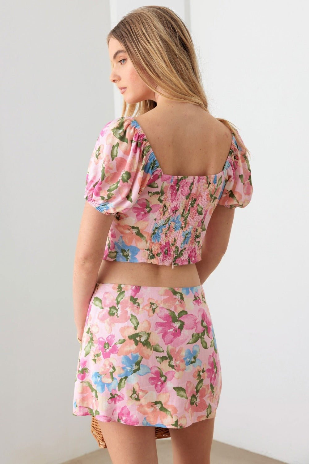 Le Lis Floral Puff Sleeve Crop Top and Mini Skirt Set - Blossoms&Moss