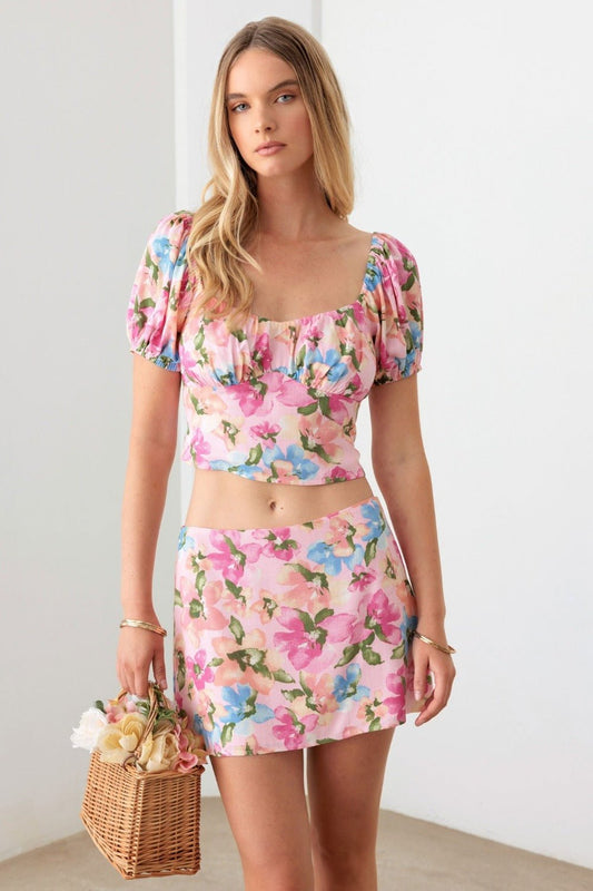 Le Lis Floral Puff Sleeve Crop Top and Mini Skirt Set - Blossoms&Moss