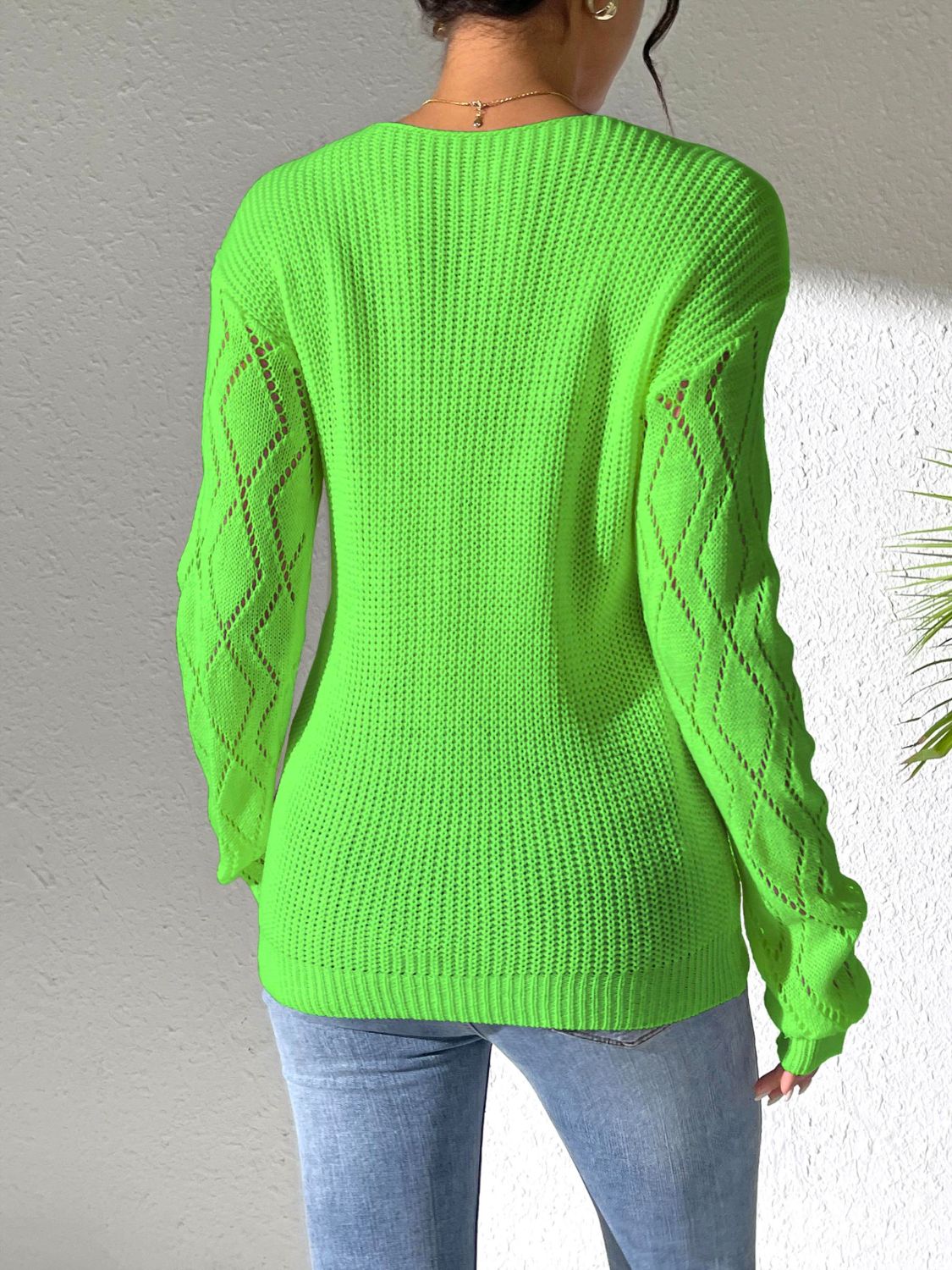 Openwork V - Neck Long Sleeve Sweater - Blossoms&Moss