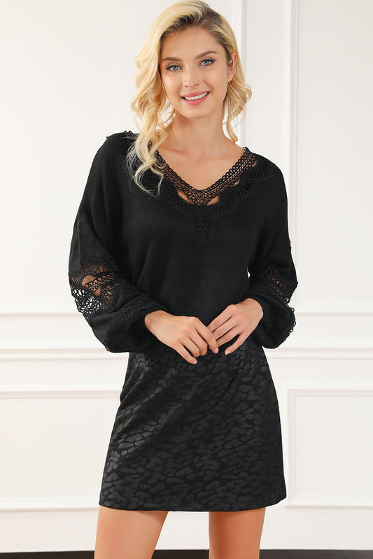 Openwork V - Neck Raglan Sleeve Sweater - Blossoms&Moss