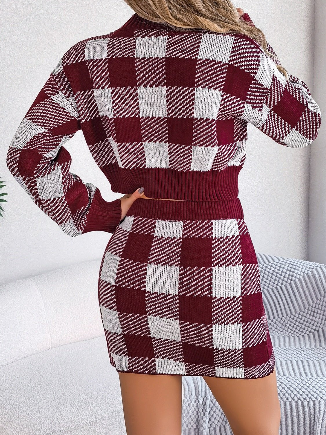 Plaid Round Neck Top and Skirt Sweater Set - Blossoms&Moss