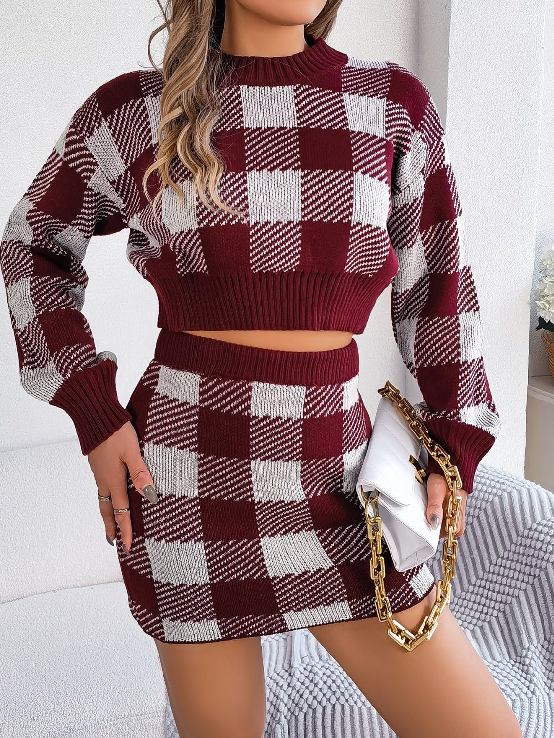 Plaid Round Neck Top and Skirt Sweater Set - Blossoms&Moss