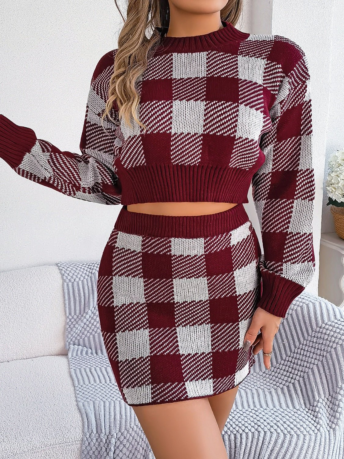 Plaid Round Neck Top and Skirt Sweater Set - Blossoms&Moss