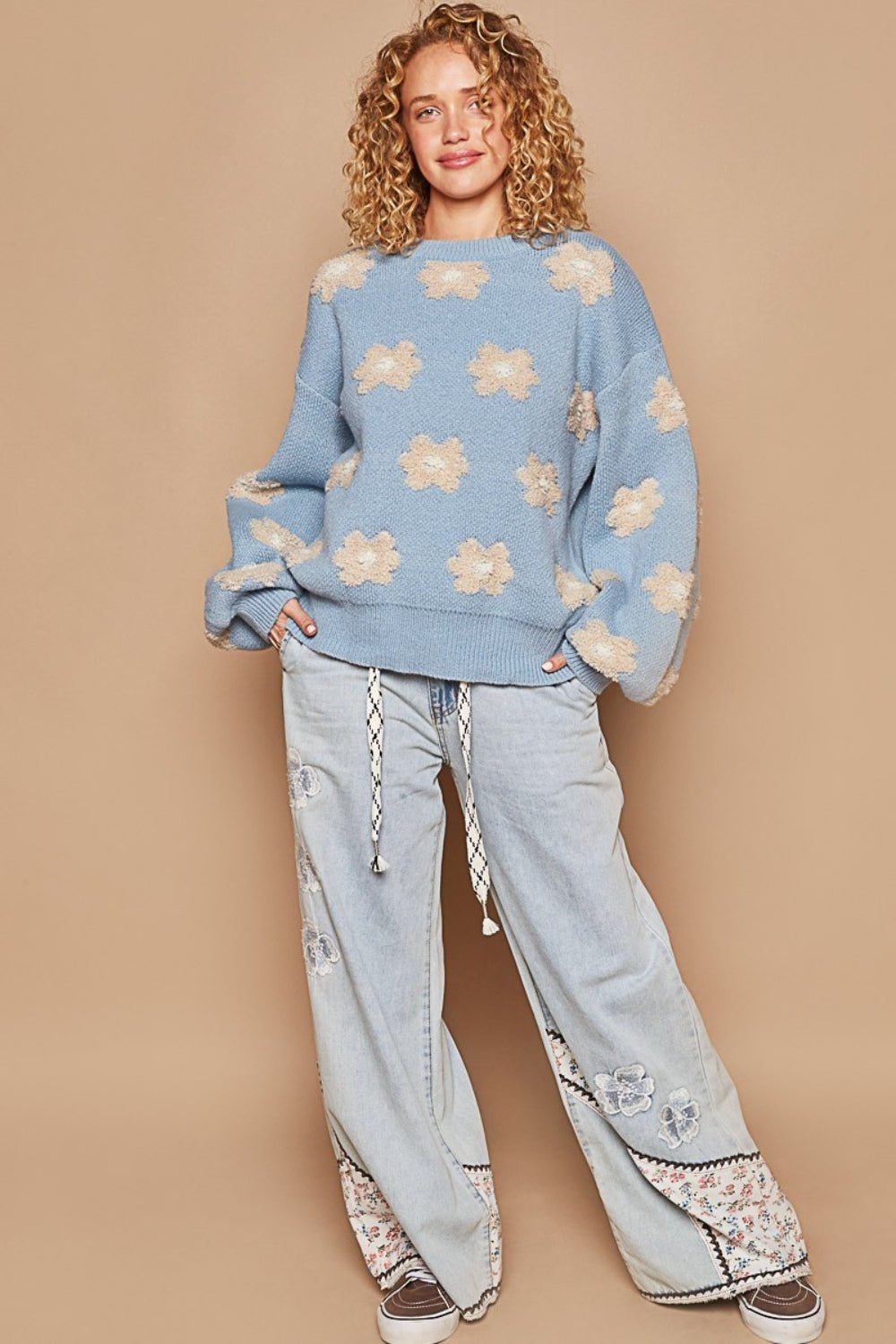 POL Daisy Pattern Drop Shoulder Sweater - Blossoms&Moss