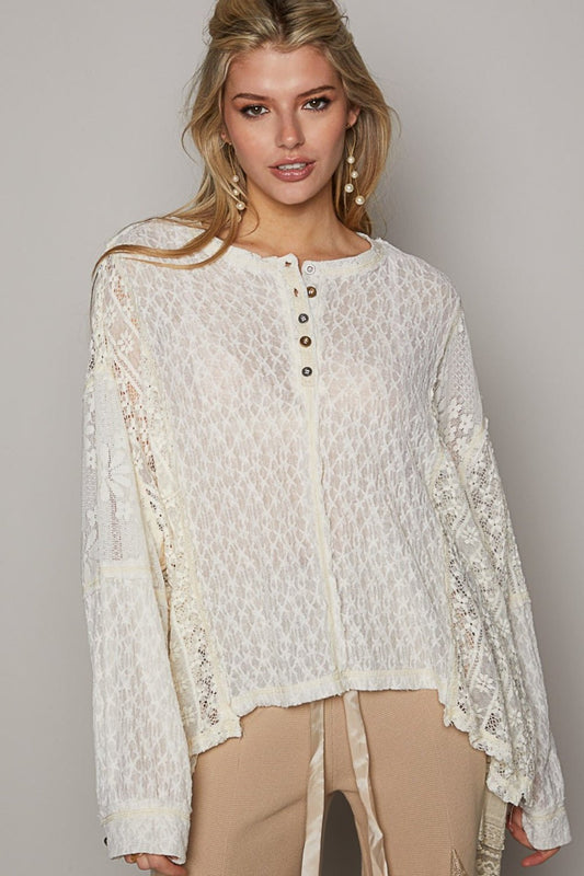 POL Round Neck Long Sleeve Raw Edge Lace Top - Blossoms&Moss