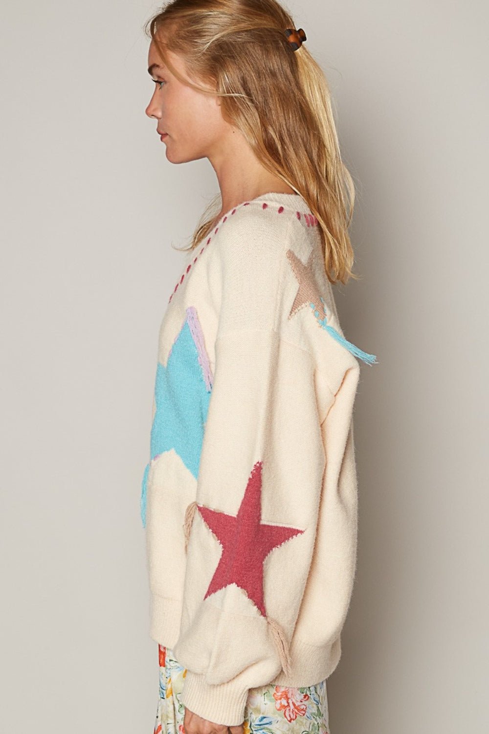 POL V - Neck Long Sleeve Star Fringe Sweater - Blossoms&Moss