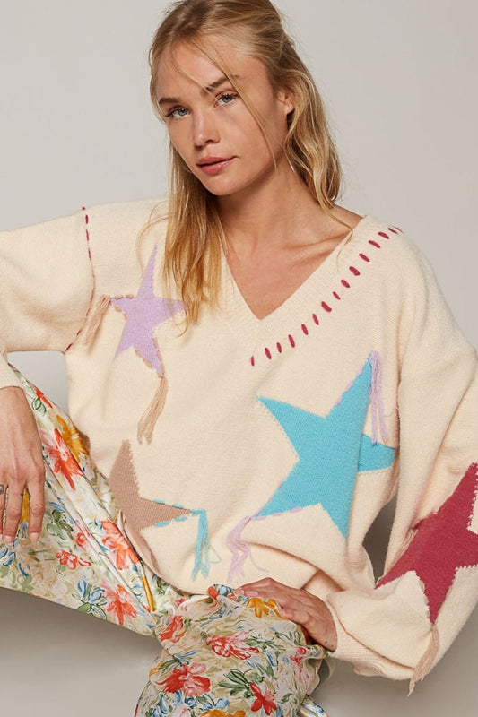 POL V - Neck Long Sleeve Star Fringe Sweater - Blossoms&Moss