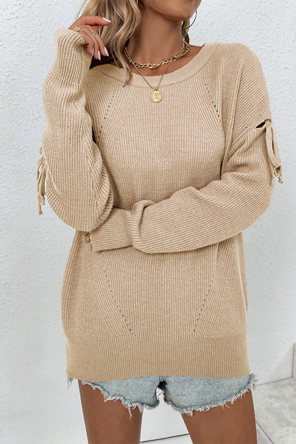 Round Neck Dropped Shoulder Sweater - Blossoms&Moss