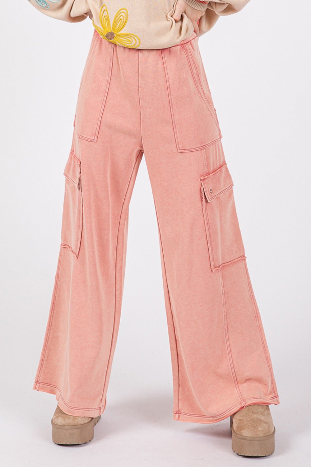 SAGE + FIG Knit Terry Mineral Wash Wide Leg Pants - Blossoms&Moss