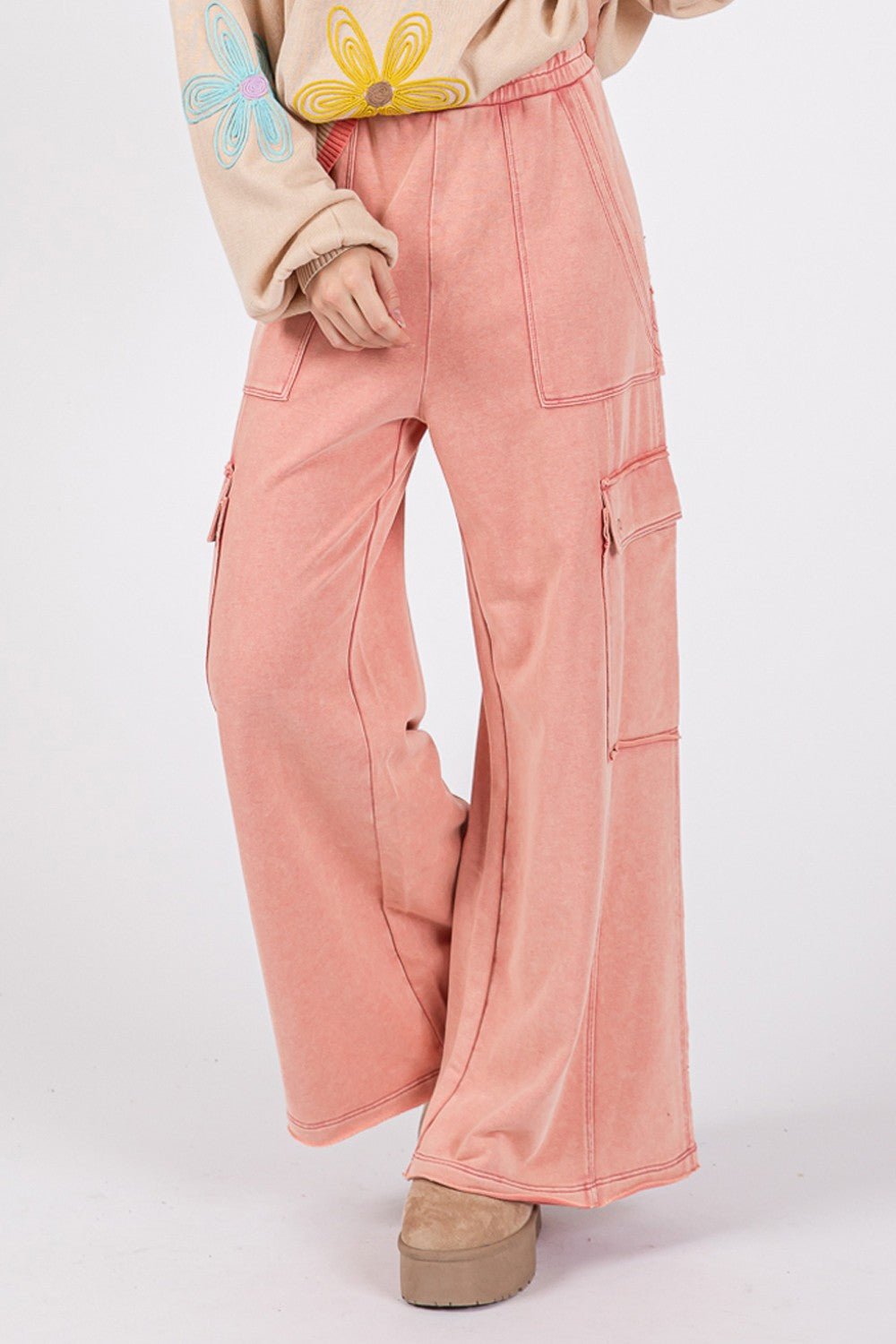 SAGE + FIG Knit Terry Mineral Wash Wide Leg Pants - Blossoms&Moss