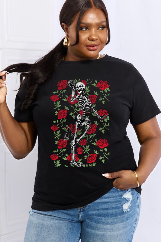 Simply Love Full Size Skeleton & Rose Graphic Cotton Tee - Blossoms&Moss