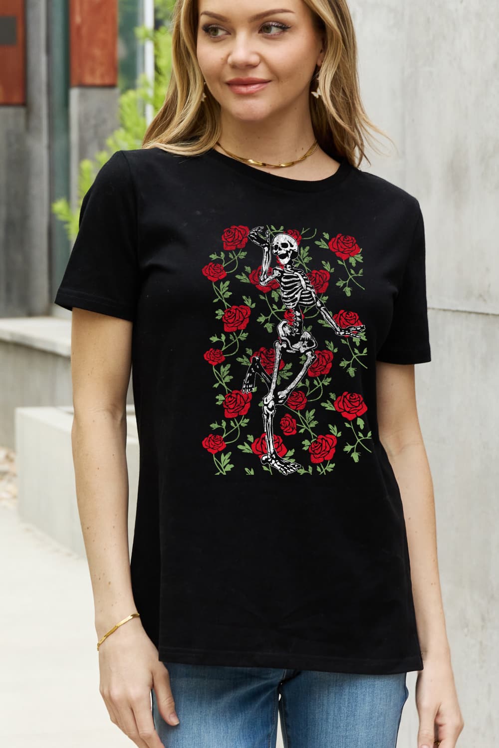 Simply Love Full Size Skeleton & Rose Graphic Cotton Tee - Blossoms&Moss