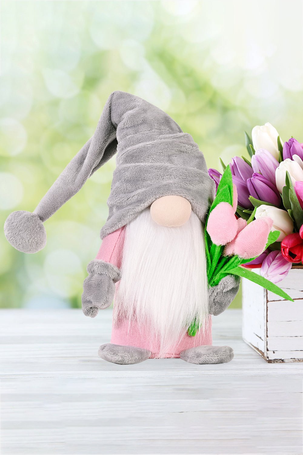 Standing Cute Plush Gnome with Tulip - Blossoms&Moss