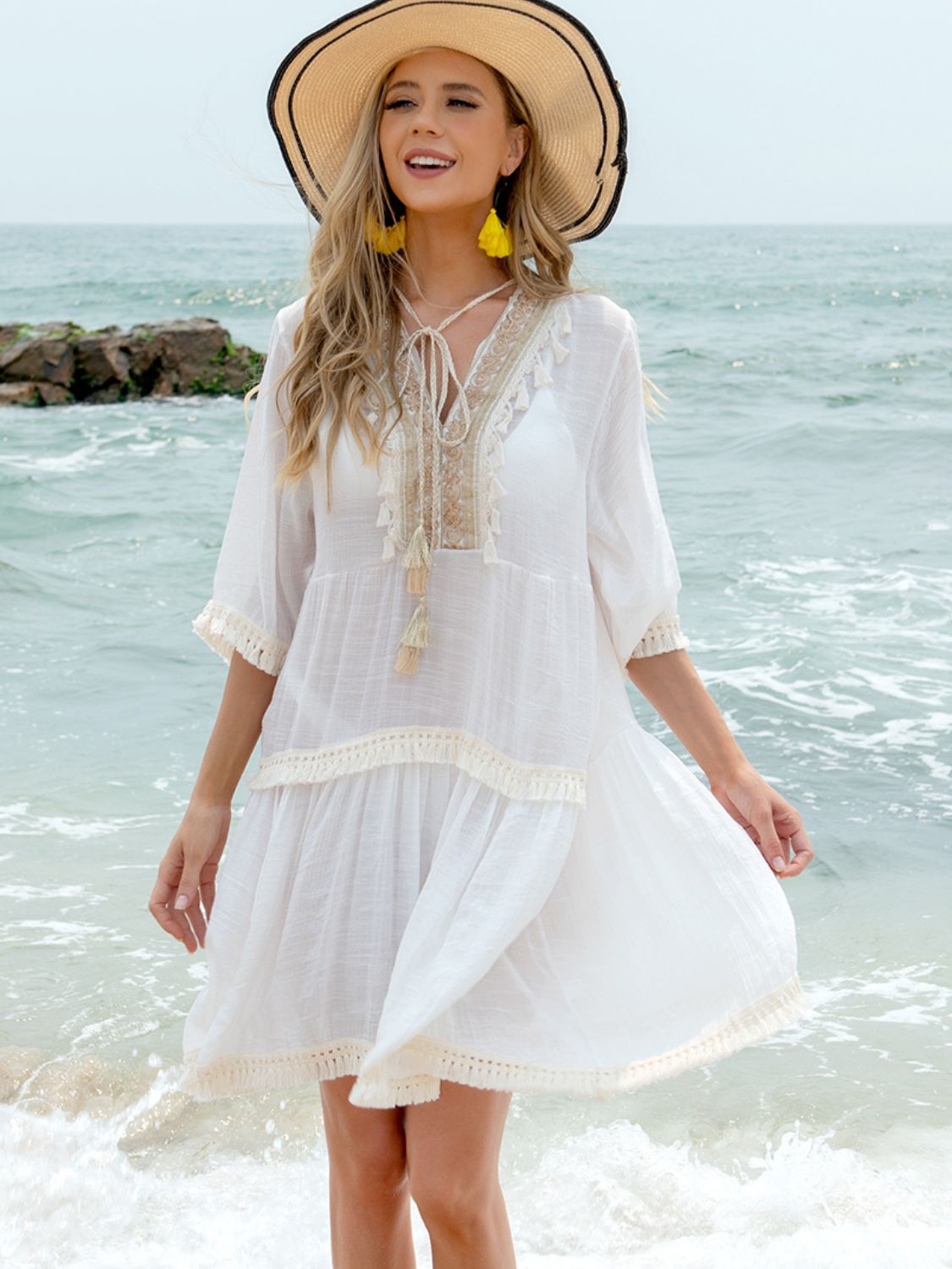 Tassel Lace Detail Half Sleeve Cover - Up Dress - Blossoms&Moss